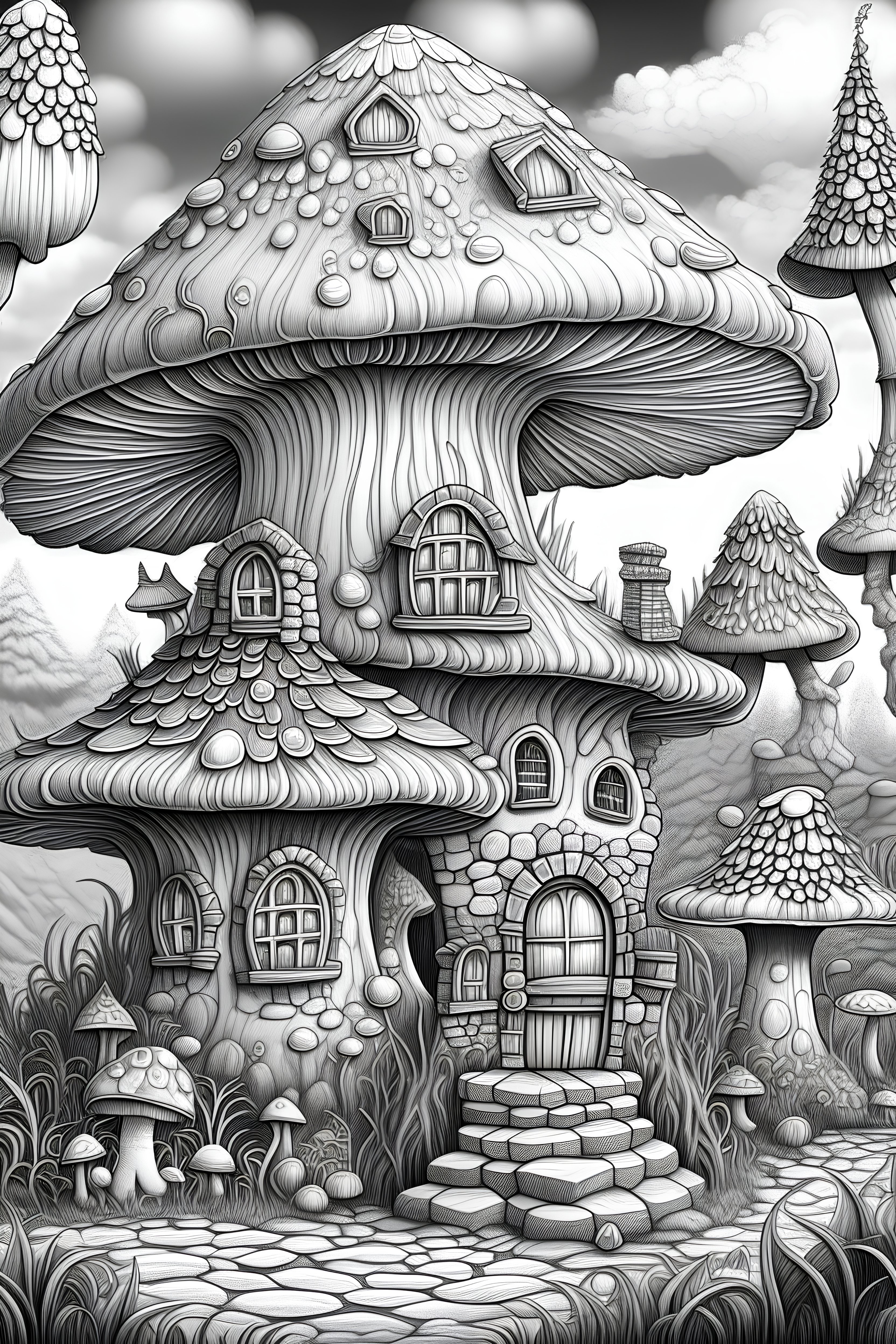 Mushroom Houses Coloring Book for Adults and Kids, Instant