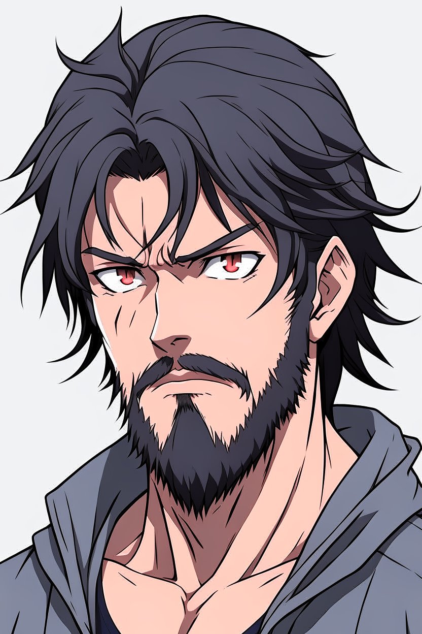 Medieval style male anime portrait with beard and long hair on Craiyon