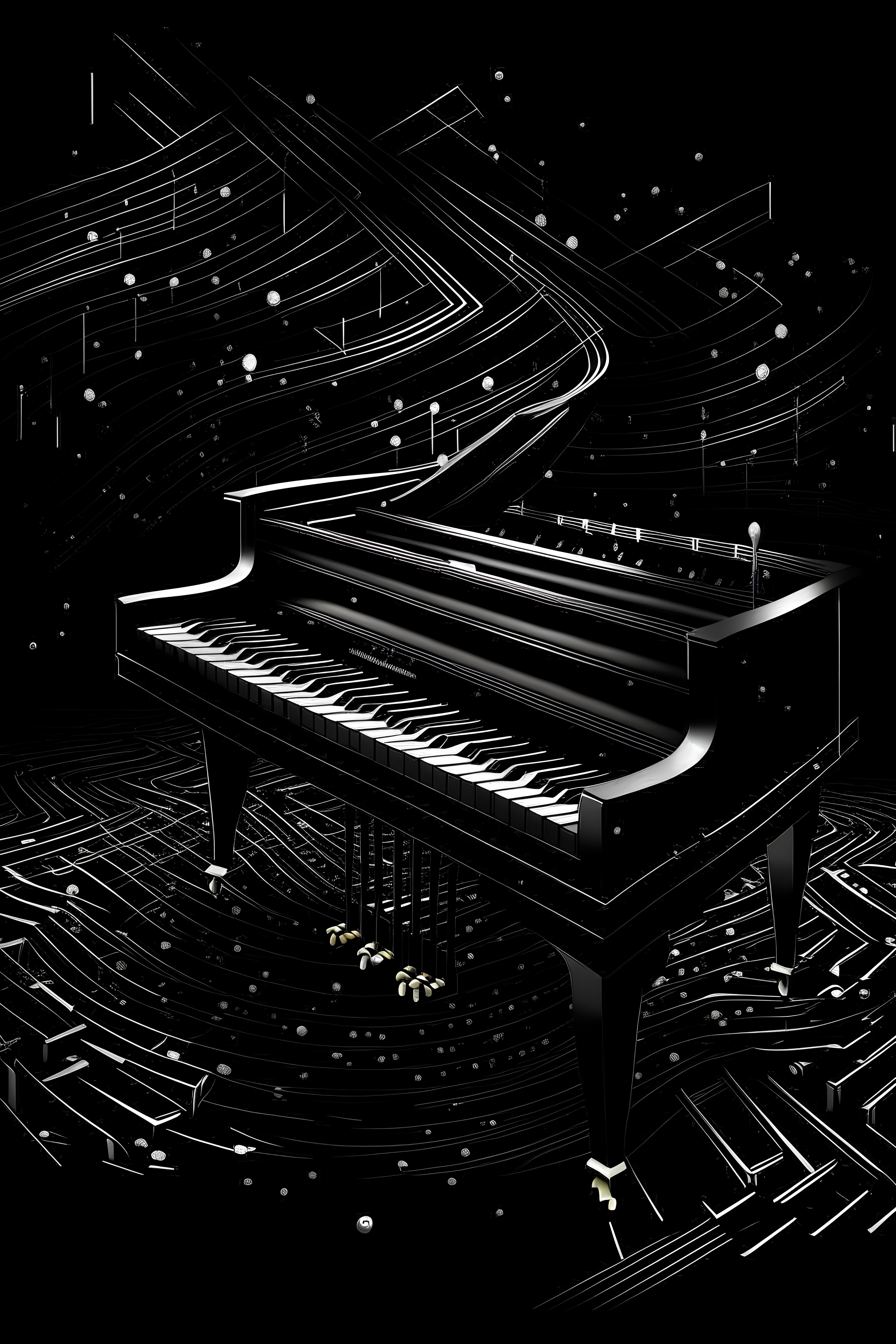 Piano negro con notas musicales en zigzag.Piano negro con notas musicales en zigzag.  