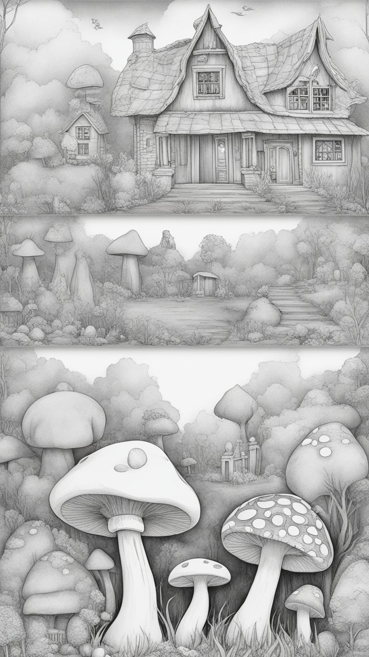 Mushroom Houses Coloring Book for Adults and Kids, Instant